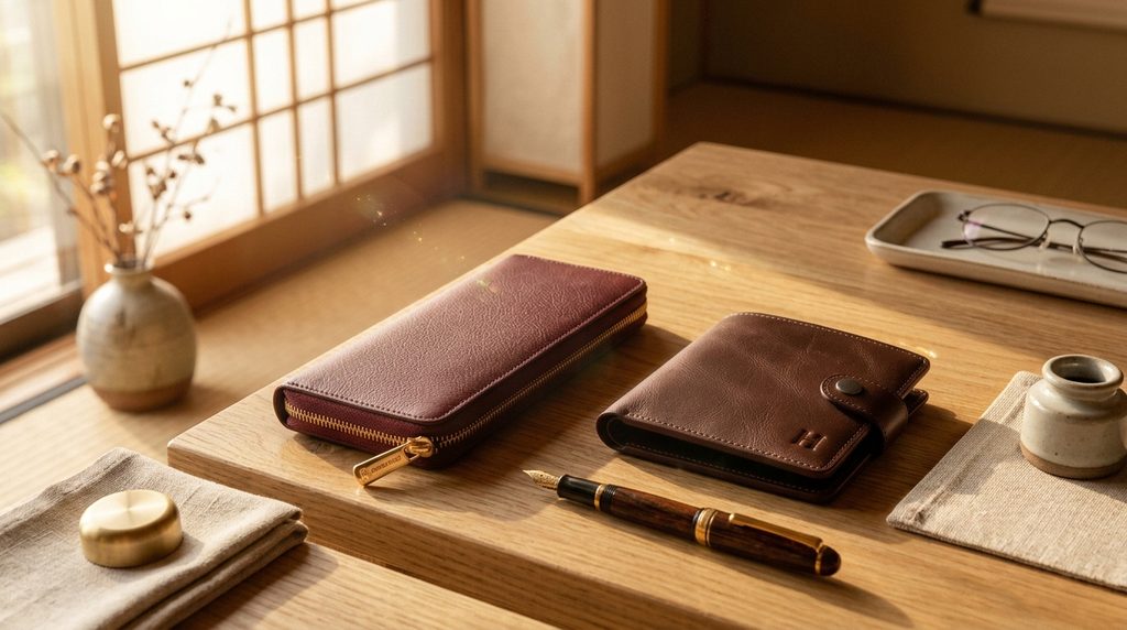 長財布とコンパクトな二つ折り革財布の比較イメージ