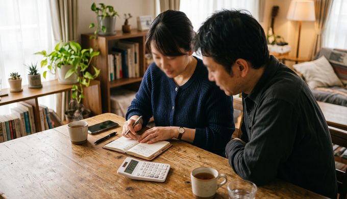 家計について話し合うカップルのイメージ写真