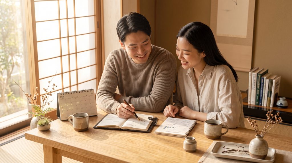 明るいリビングのテーブルで、お金やライフプランについて楽しくチェック・会話しているイメージ。