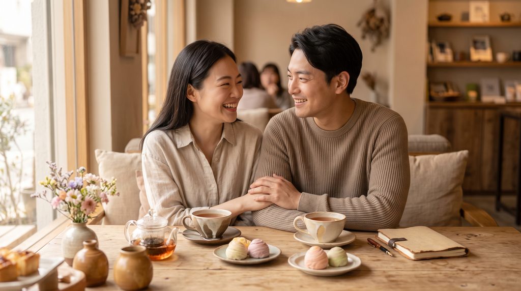カフェやリビングでスイーツやお茶を前に、笑顔でリラックスして向かい合う男女。