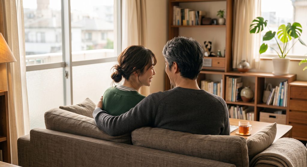 仲良く会話するカップルの後ろ姿の写真