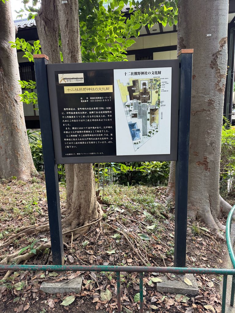 室町時代からの歴史が記された十二社熊野神社の由緒案内板