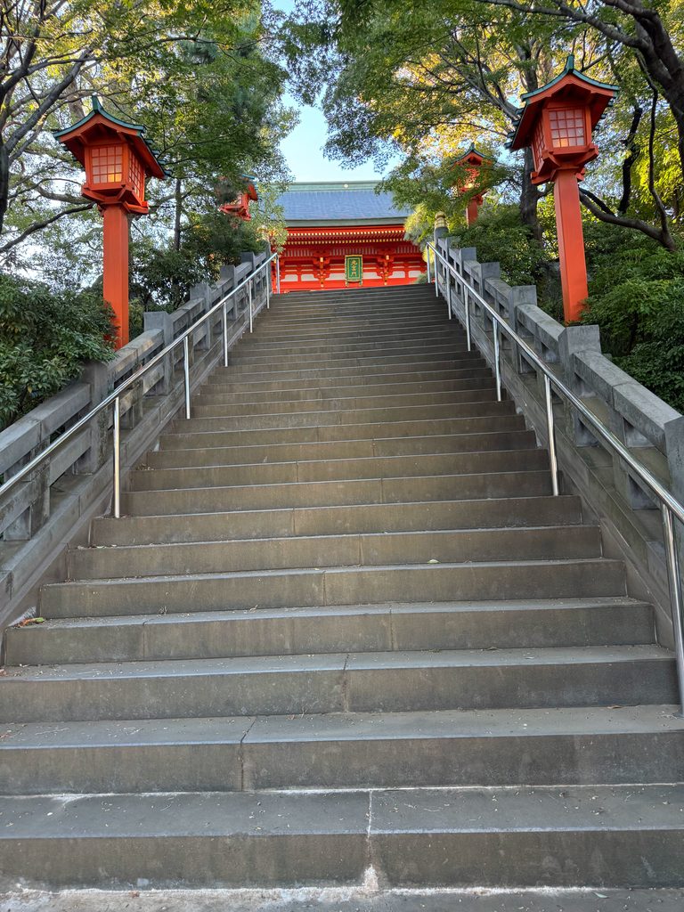 夕暮れ時に朱色の灯籠が並び明かりが灯る穴八幡宮の参道階段
